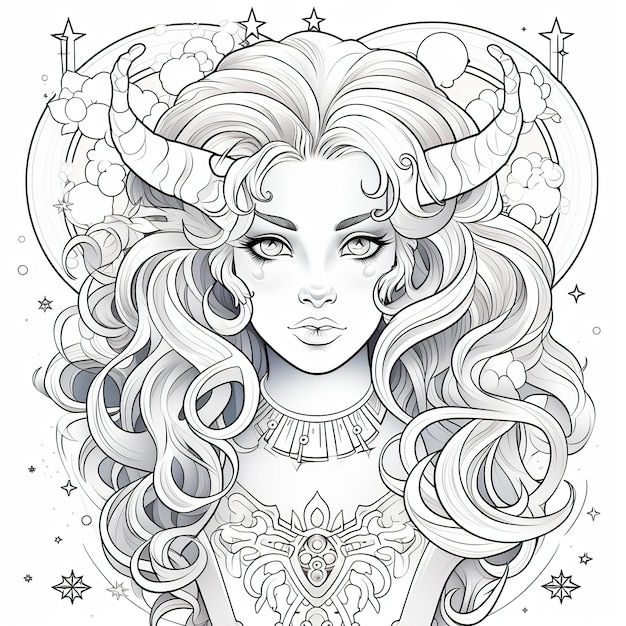 Coloring page for adults woman representing capricorn zodiac sign