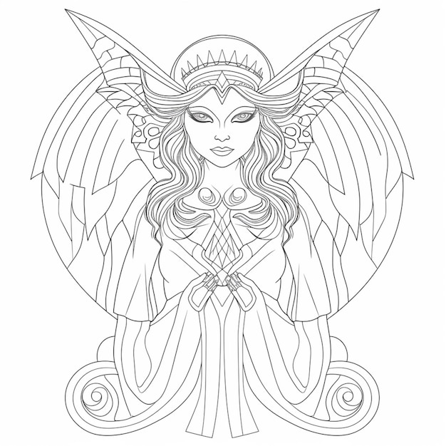 a coloring page of an angel with wings and a crown generative ai