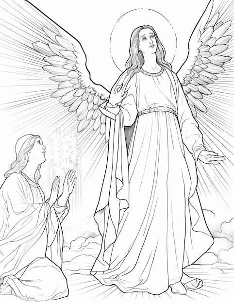 a coloring page of an angel and a woman kneeling in the clouds generative ai