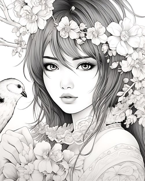 Coloring Page of Anime Girl Premium AIgenerated image