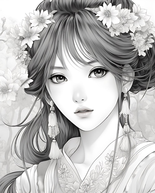 Coloring Page of Anime Girl Premium AIgenerated image