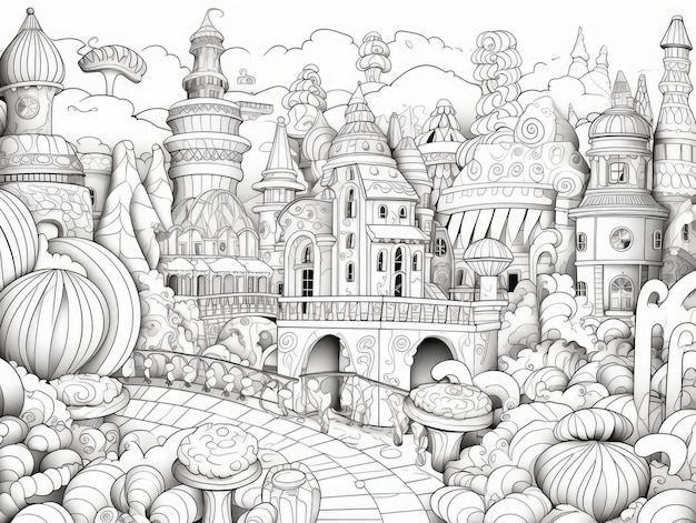 Foto pagina da colorare una pagina da colorare in bianco e nero con un'illustrazione dettagliata del castello