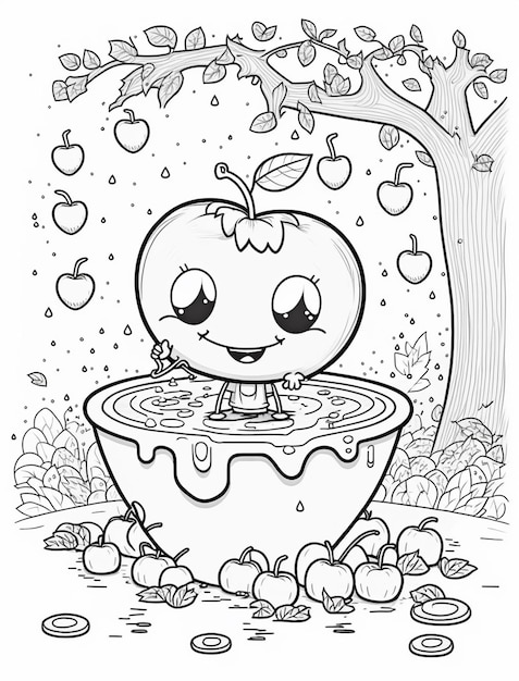 a coloring page of a baby apple in a bowl of water generative ai