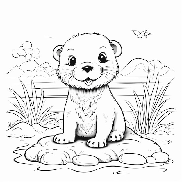 A coloring page of a baby otter sitting on a rock generative ai