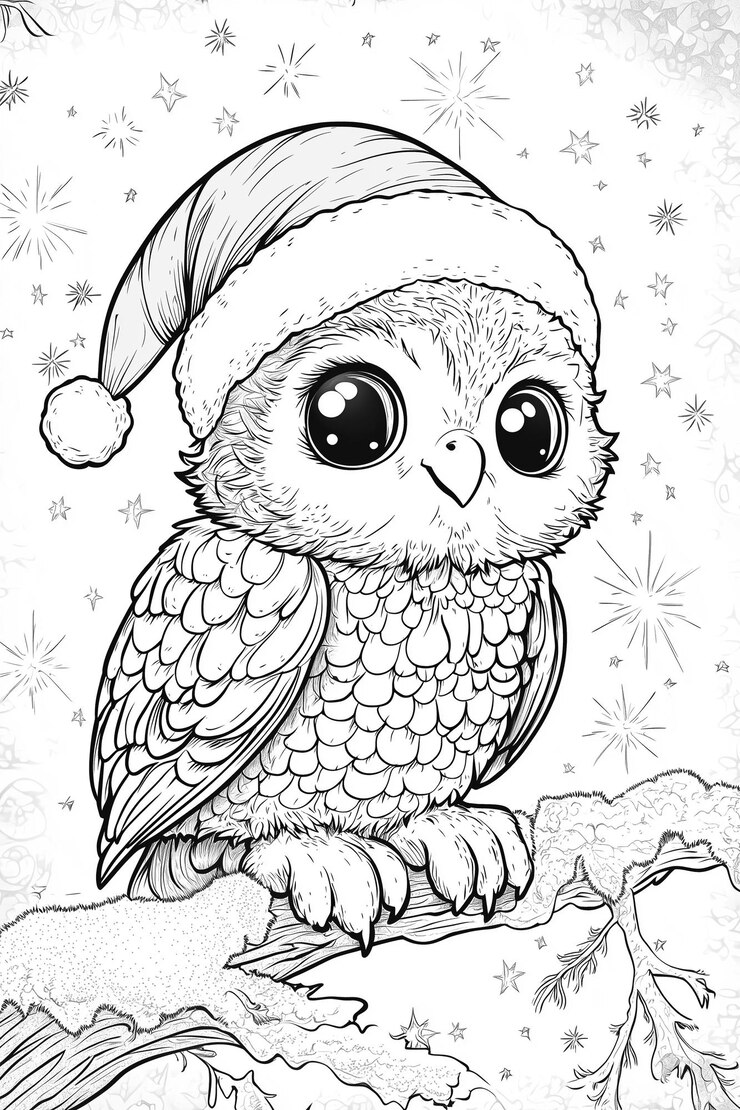 サンタの帽子をかぶった赤ちゃんのオオカミが背景に星がある雪の枝の上に座っています