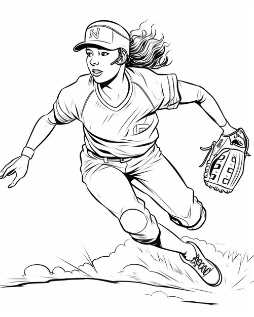 Foto una pagina da colorare di un giocatore di baseball che corre per prendere una palla generativa ai