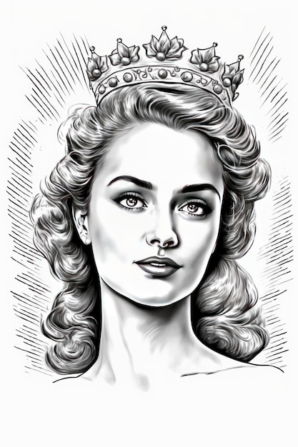 Photo coloring page beautiful female with crown grayscale