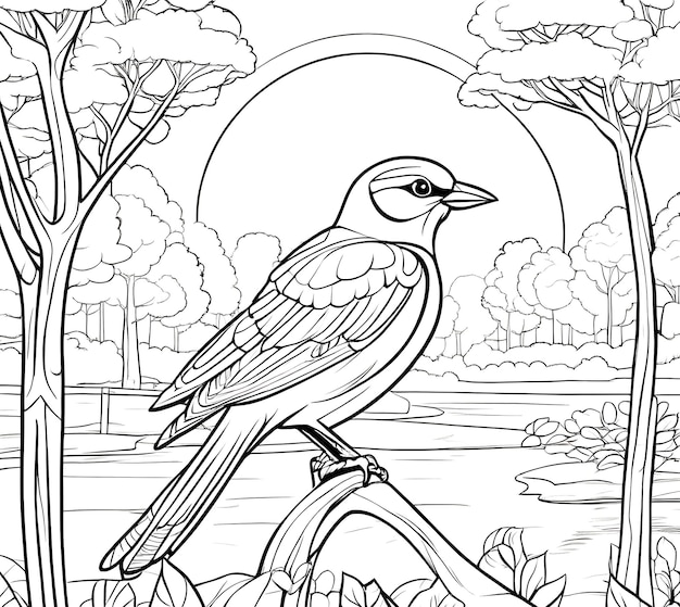 coloring page of a bird and in the background a lake and a forest