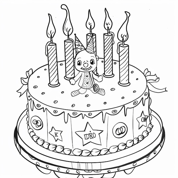 Foto una pagina da colorare di una torta di compleanno con candele e decorazioni generative ai