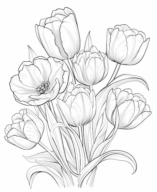 coloring page black and white tulip flowers vivid no shading