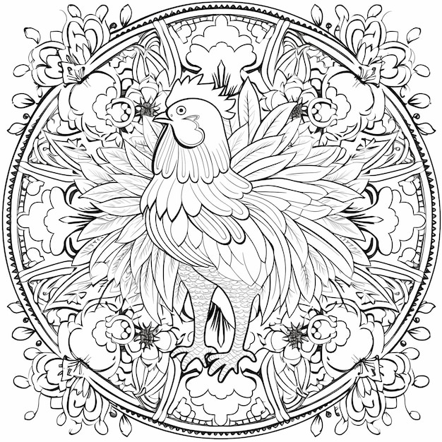 Coloring page Book for kids Mandalas style no color A cute rooster flower outlines