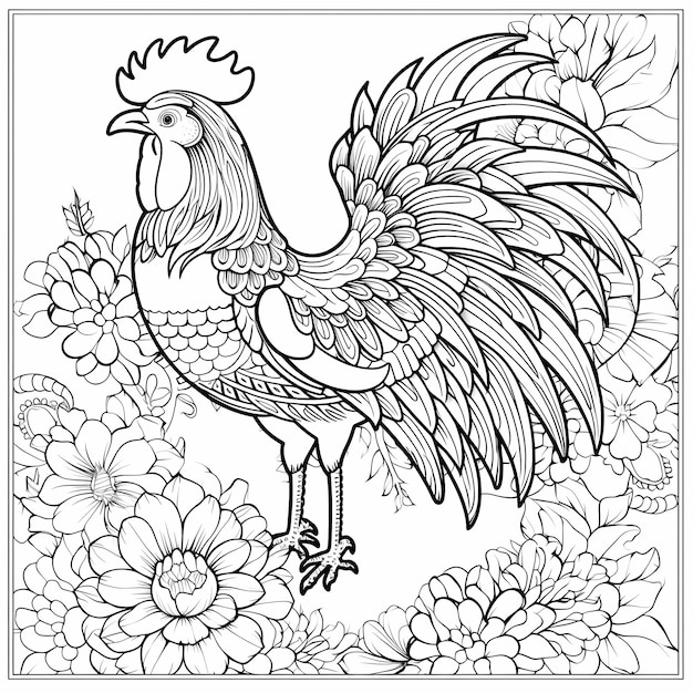 Coloring page Book for kids Mandalas style no color A cute rooster flower outlines