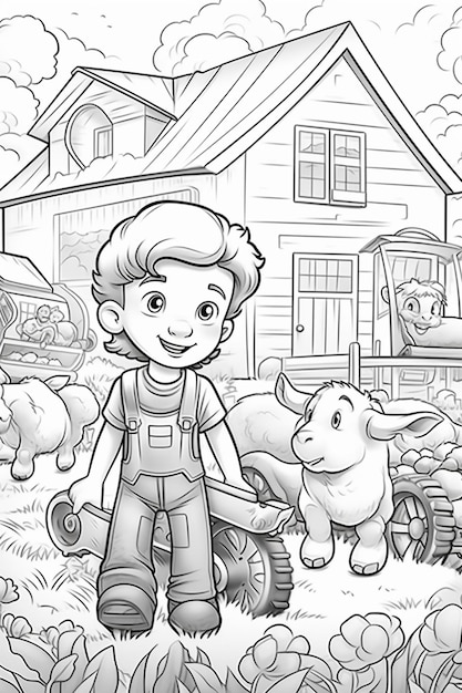 coloring page of a boy and his farm animals generative ai