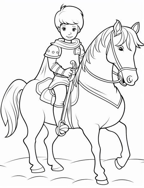 Foto una pagina da colorare di un ragazzo che cavalca un cavallo con un bambino generativo ai
