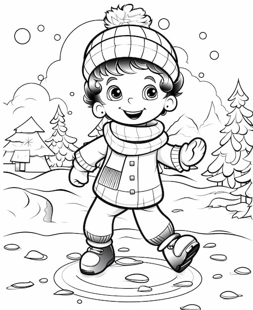 A coloring page of a boy in winter clothes walking through the snow generative ai