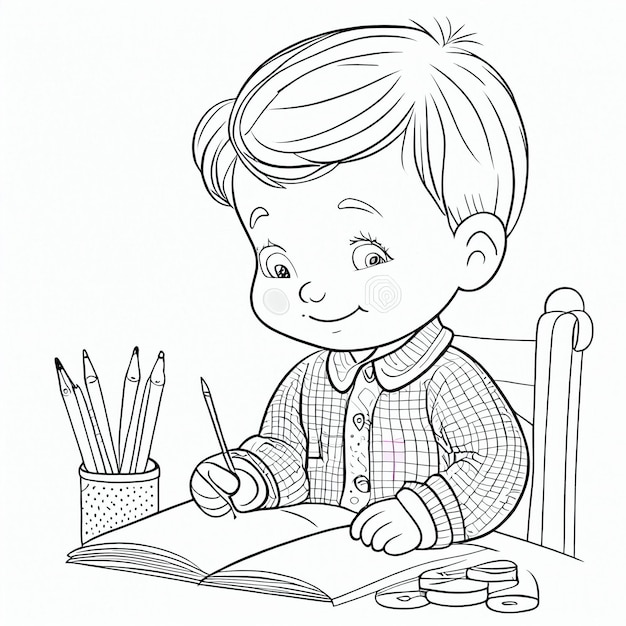 coloring page of a boy writing a book with pencils generative ai