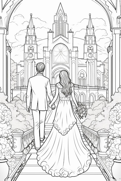 Photo a coloring page of a bride and groom walking through a garden generative ai
