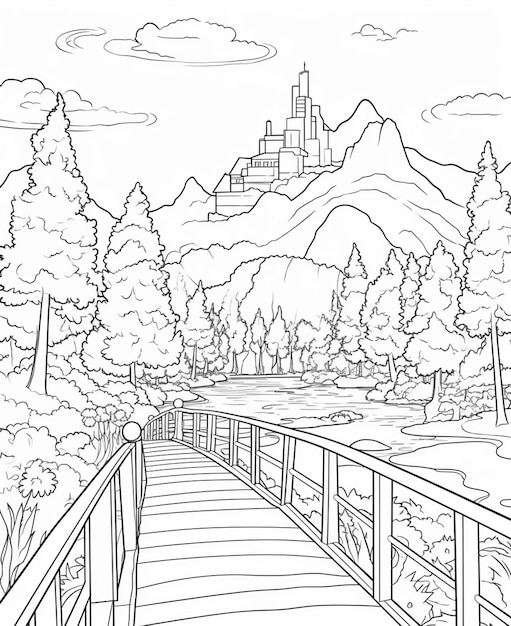 A coloring page of a bridge leading to a castle in the mountains generative ai
