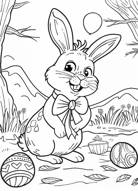 a coloring page of a bunny with a bow tie and a basket of eggs generative ai