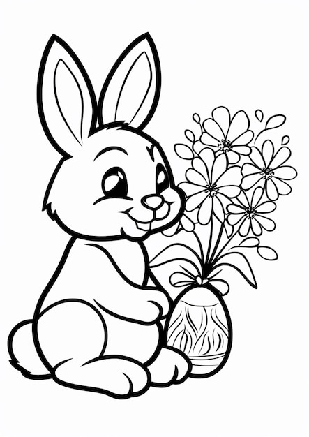 a coloring page of a bunny with a flower in a vase generative ai