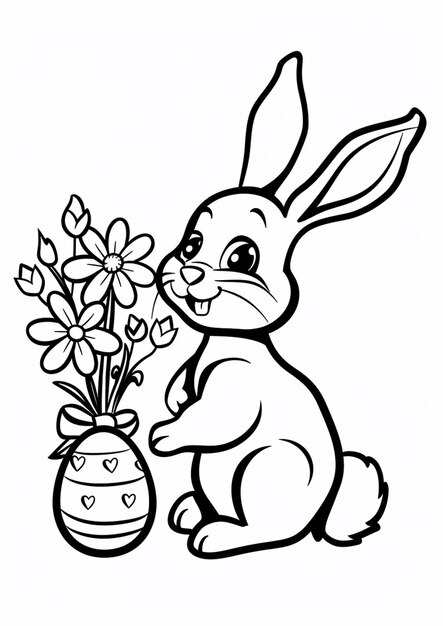 a coloring page of a bunny with a vase of flowers generative ai