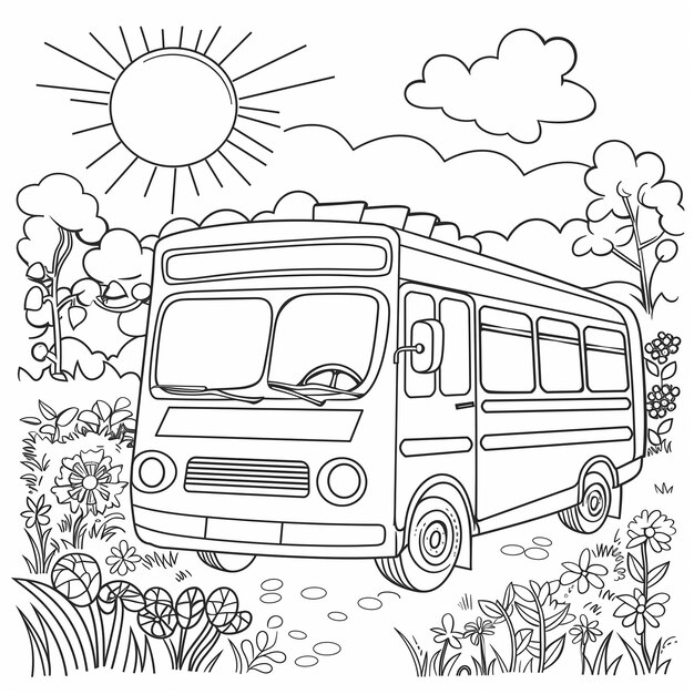 Photo a coloring page of a bus with a sun in the background generative ai