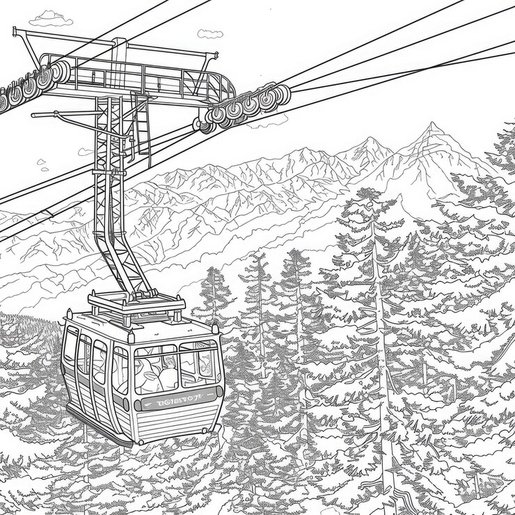 Coloring Page Cable Car Ascending Mountainous Landscape
