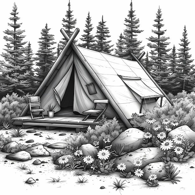 Photo a coloring page of a camping by the champ