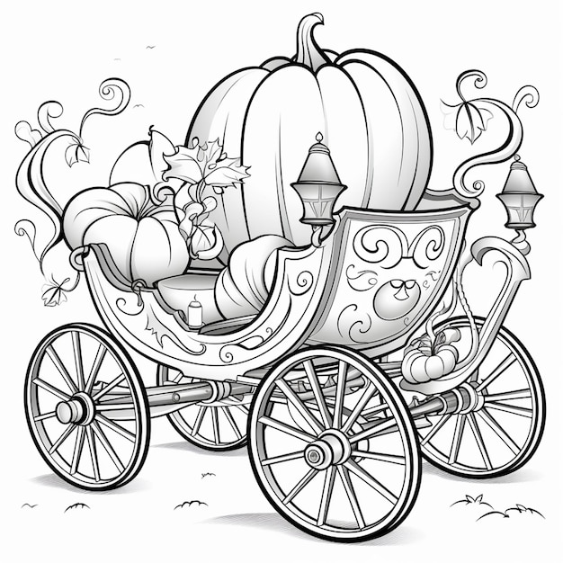 a coloring page of a carriage with a pumpkin and a lantern generative ai