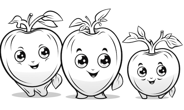 Photo coloring page of cartoon apples pattern in black and white colors