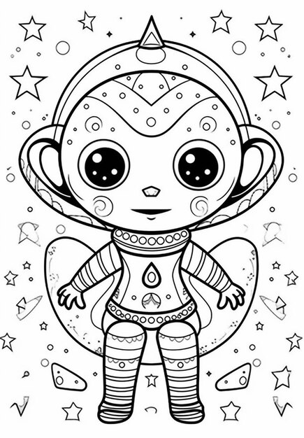 Photo a coloring page of a cartoon astronaut with stars and planets generative ai