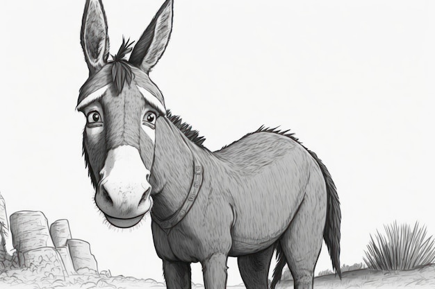 Foto pagina da colorare cartone animato asino in scala di grigi