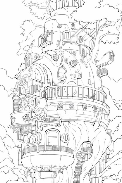 a coloring page of a castle with a tree and a man generative ai