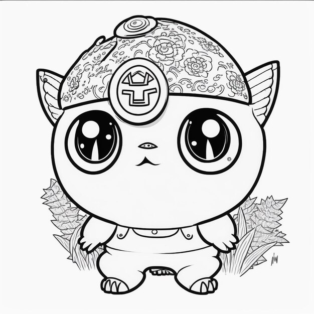 Photo a coloring page of a cat with a hat and a flowered cap generative ai