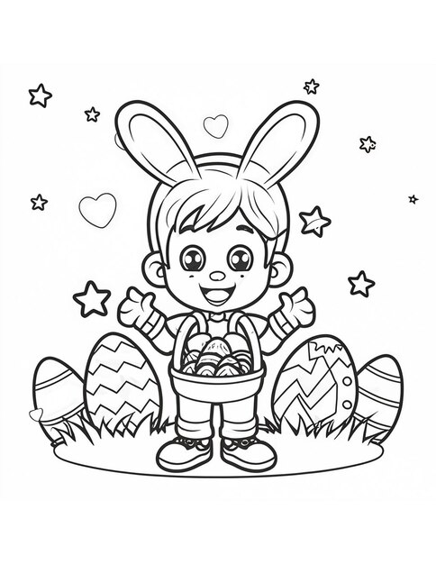 Photo coloring page for children with a boy and easter eggs