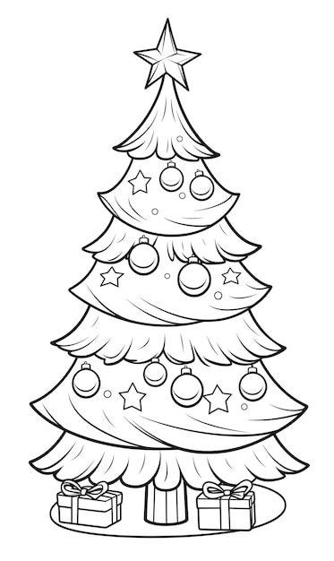 Coloring page of Christmas tree black white illustration on white background