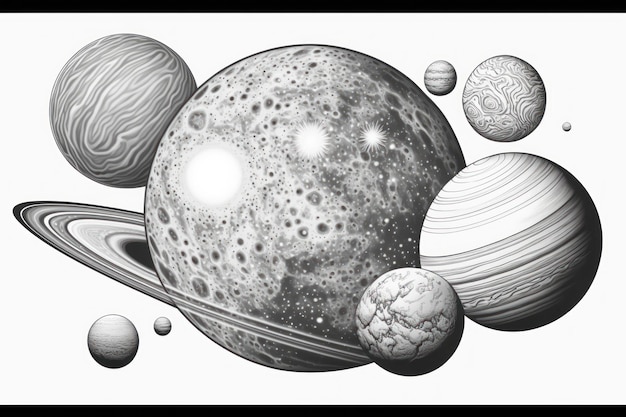 Coloring page Cosmic planets think lines no shadow greyscale