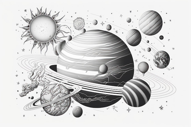 Coloring page Cosmic planets think lines no shadow greyscale