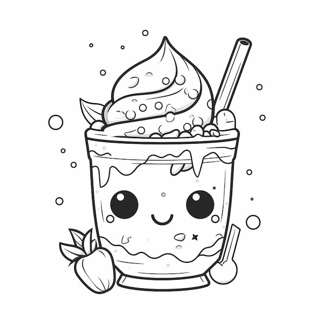 A coloring page of a cup of ice cream with a straw and a spoon generative ai