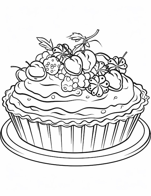 a coloring page of a cupcake with strawberries and cherries generative ai