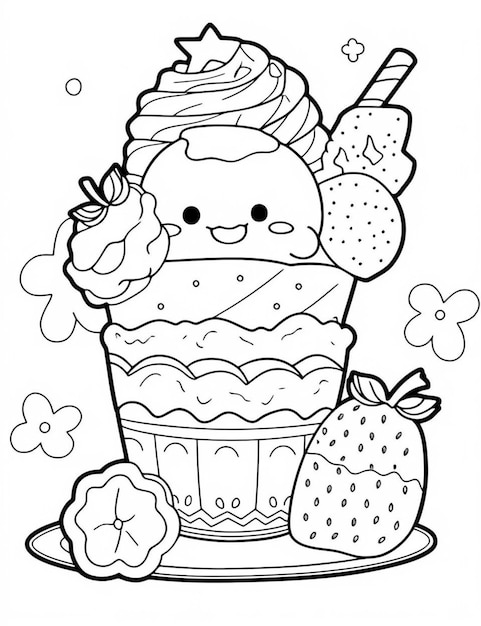a coloring page of a cupcake with strawberries and a strawberry generative ai