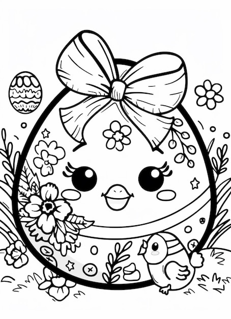 a coloring page of a cute easter egg with a bow and flowers generative ai