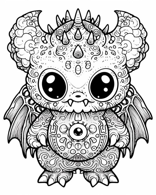 Photo a coloring page of a cute little dragon with big eyes and a big tail generative ai