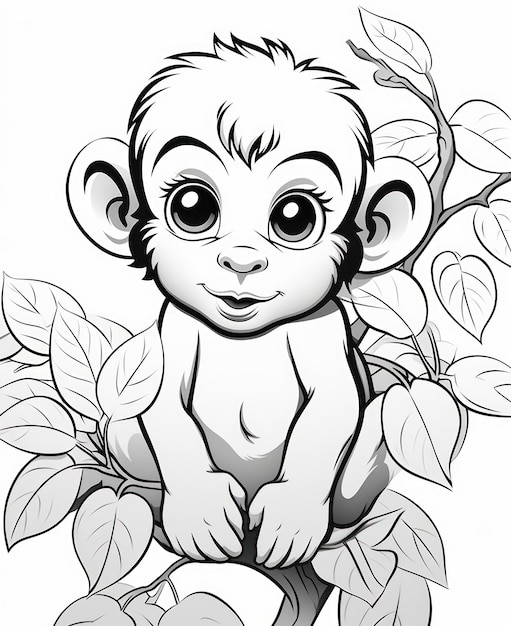 AI가 생성한 깨끗한 선이 있는 귀여운 원숭이 색칠 페이지