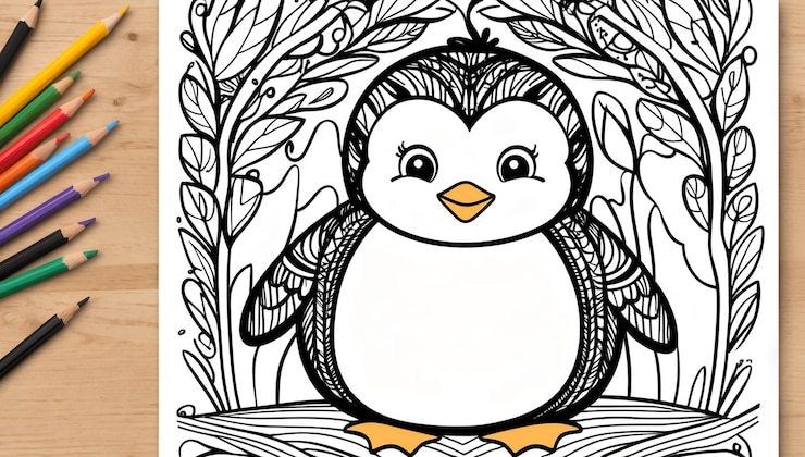 Photo coloring page cute penguin