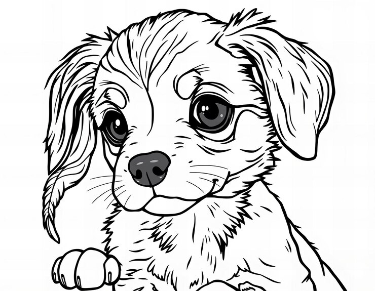 Photo coloring page of a cute puppy against a white background