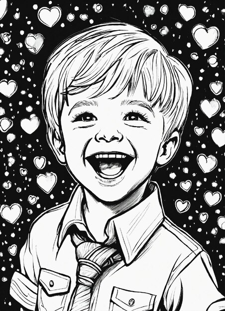 Photo coloring page dark lines black and white only handsome 3yearold ring bearer laughing blonde