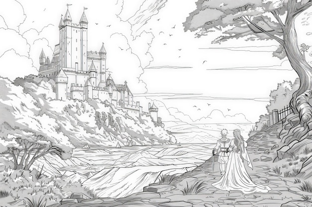 Детальный черно-белый рисунок великолепного замка с башнями, башнями и обрамлениями на фоне впечатляющего неба