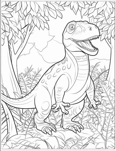 A coloring page of a dinosaur in the jungle generative ai