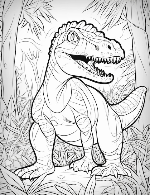 A coloring page of a dinosaur in the jungle generative ai